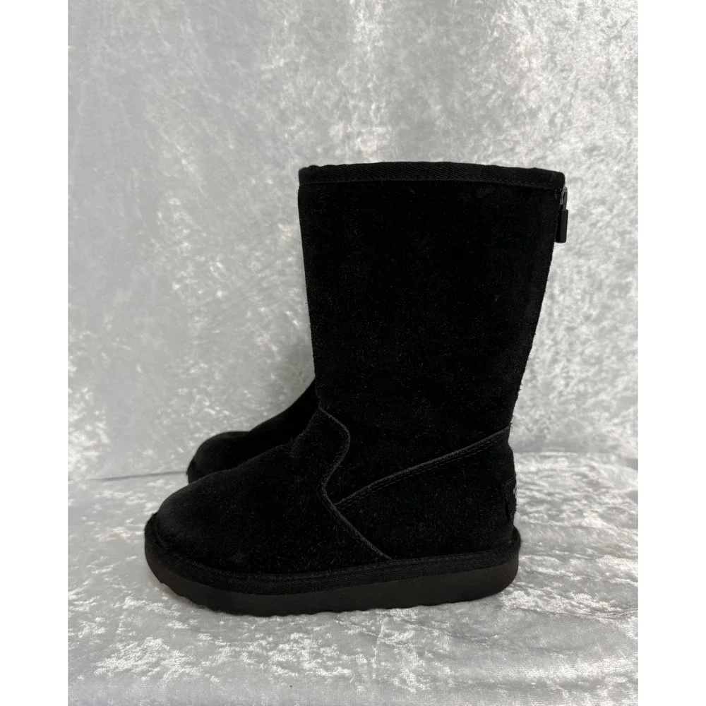 UGG Kids‎ Classic Back Zip Black Suede Sheepskin Lined Boots Sz-10 #1103023K